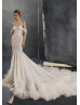 Off Shoulder Shiny Lace Tulle Wedding Dress With Frilled Train